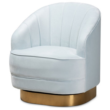 Light Blue Velvet Fabric Upholstered Brushed Gold Finished Swivel Accent Chair