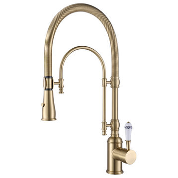 High Arc Dual-Mode Pull-Down Kitchen Faucet Solid Brass with Porcelain Handle, Brushed Gold