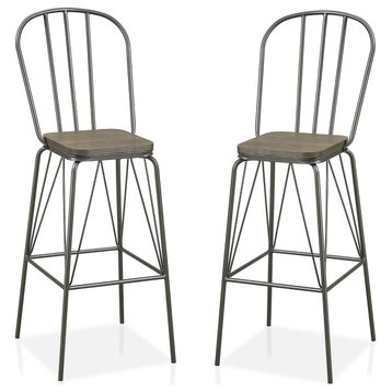 Set of 2 Bar Stool, Sturdy Metal Frame With Wooden Seat & Open Back, Gray
