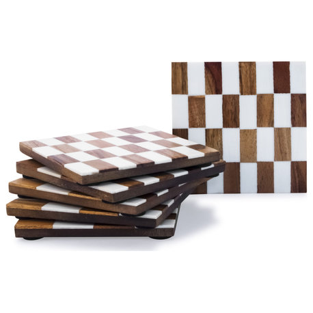 Checkered 6 pieces White and Wood Coaster Set in Box