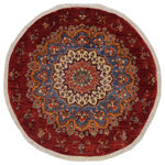 Bareens Designer Rugs - Rustic Khurgeen Rickey Blue/Red Wool Round - 5'6'' x 5'7'' - Designed with a mesmerizing intricate transitional and geometric motif this glorious hand knotted rug made with handspun Ghazni wool is a masterpiece that will fill any space with sophistication and grace. Hand knotted by skilled artisans in an exhilarating color pallet with an elaborate design, this masterpiece features luxurious hand spun wool with all vegetable dyes to add comfort and style to your decor. The design, color, and beautiful chromatic composition with a sheen in transitional and geometric designs, exude beauty, elegance and quality make this rug an extraordinarily opulent center piece for your living space. The intricate designs known as Khurgeen, Khorgeen or Khorjin range are inspired by the patterns from ancient tribal bags. An infusion of bold, saturated color gives this traditional hand-knotted rug a fresh perspective and modern appeal. Most desired due to its versatility in design and affordability this handmade rug is in a compelling focal point in any living area.