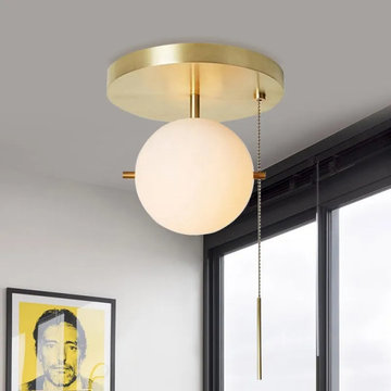 Gidu Mid-Century Pull Chain Ceiling Light Globe Glass Shade Semi Flush Mount Met