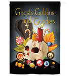 Breeze Decor - Halloween Ghosts Goblins And Goodies 2-Sided Vertical Impression House Flag - Size: 28 Inches By 40 Inches - With A 4"Pole Sleeve. All Weather Resistant Pro Guard Polyester Soft to the Touch Material. Designed to Hang Vertically. Double Sided - Reads Correctly on Both Sides. Original Artwork Licensed by Breeze Decor. Eco Friendly Procedures. Proudly Produced in the United States of America. Pole Not Included.