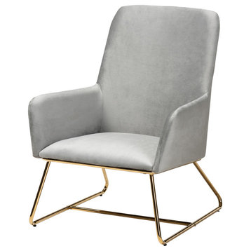 Marilena Glam and Luxe Gray Velvet Fabric Gold Armchair