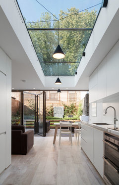 Hanging pendants under a roof lantern in kitchen extension | Houzz UK