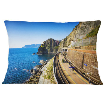 Train and Railroad Station in Manarola Landscape Wall Throw Pillow, 12"x20"