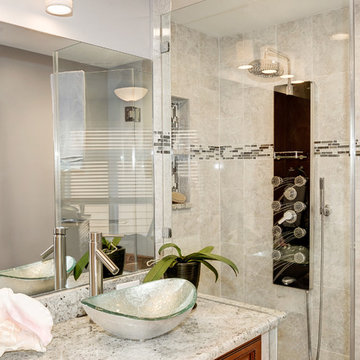 Elegant Master Bathroom Remodel with Quartz-Granite Hybrid Vanity and Spa Shower