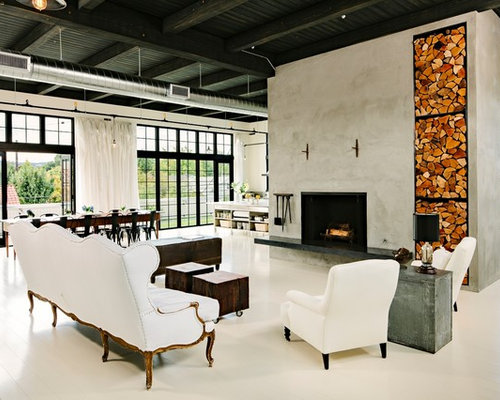 Industrial Wohnzimmer mit Kaminsims aus Beton Ideen, Design & Bilder