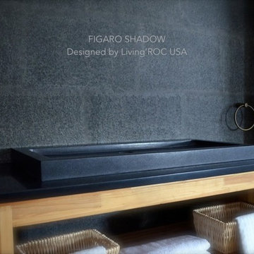 Double trough bathroom sink in black granite at 39''-Figaro Shadow