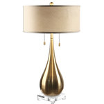 Uttermost - Uttermost Lagrima Lamp, Brushed Brass - Add contemporary style to your space with the Uttermost Lagrima Lamp. This piece has a brushed brass finish with a metal base and a crystal foot. The round shade is made of beige linen fabric. Features:
