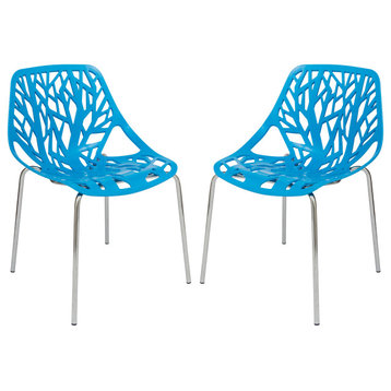 Leisuremod Asbury Plastic Dining Chair With Chromed Legs, Set of 2, Blue