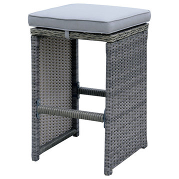 6 Piece Patio Bar Stool In Aluminum Wicker Frame And Padded Fabric Seat, Gray