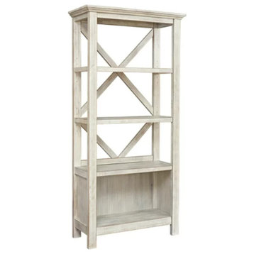 Farmhouse Bookcase, Lower Open Cubby & Open Shelves With X Back, Whitewash