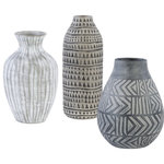 Uttermost - Uttermost Natchez Geometric Vases Set of 3 - Set Of Three Earthenware Vases Are Finished In Light Gray, Charcoal, And Natural Beige With Etched Geometric Patterns.