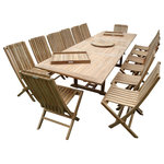 Windsor Teak Furniture - 118" Buckingham Double Extension Table, 14 Folding Chairs, Grade A Teak - Comfortably seat 14 people with The Buckingham 118" double Leaf Extension Table with14 Java Folding Chairs. Closed the table is 78" and has two unique built in butterfly pop-up leafs that enables you to open or close your table in 15 seconds ....and with two 20" leafs you have 3 different size tables you can use....78"...98" and 118". Plus with two leafs you always have the umbrella hole in the center of the table since it's on a dividing slat that doesn't fold under...with single leaf tables you lose the umbrella hole when you close the leaf. Table comes with stainless steel hardware, and a built in umbrella base. The Java folding chairs are very comfortable chairs that have a nice lumbar support curved back and are one of our most popular chairs.