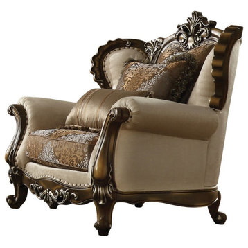 Acme Latisha Chair With 2 Pillow Tan Pattern Fabric and Antique Oak