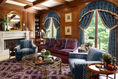 Inspiration for a large traditional formal enclosed living room in Omaha with brown walls, carpet, a standard fireplace, a stone fireplace surround, no tv and purple floor.