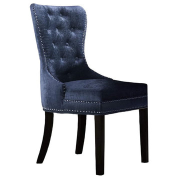 Set of 2 Dining Chair, Velvet Seat With Button Tufting and Nailhead Trim, Blue