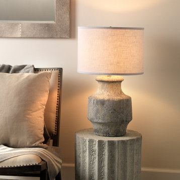 Masonry Table Lamp, Grey Ceramic With Classic Drum Shade, White Linen