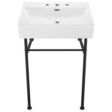 Claire 24" Console Sink White Basin Black Legs With 8" Widespread Holes