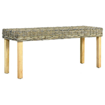 vidaXL Bench Dining Bench Wooden Seat Natural Kubu Rattan and Solid Mango Wood