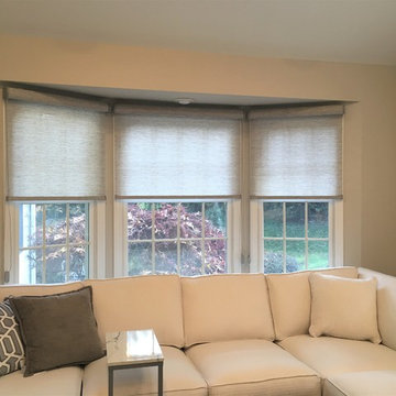 Custom Roller Shades with Fabric Covered Headrails for Bay Window