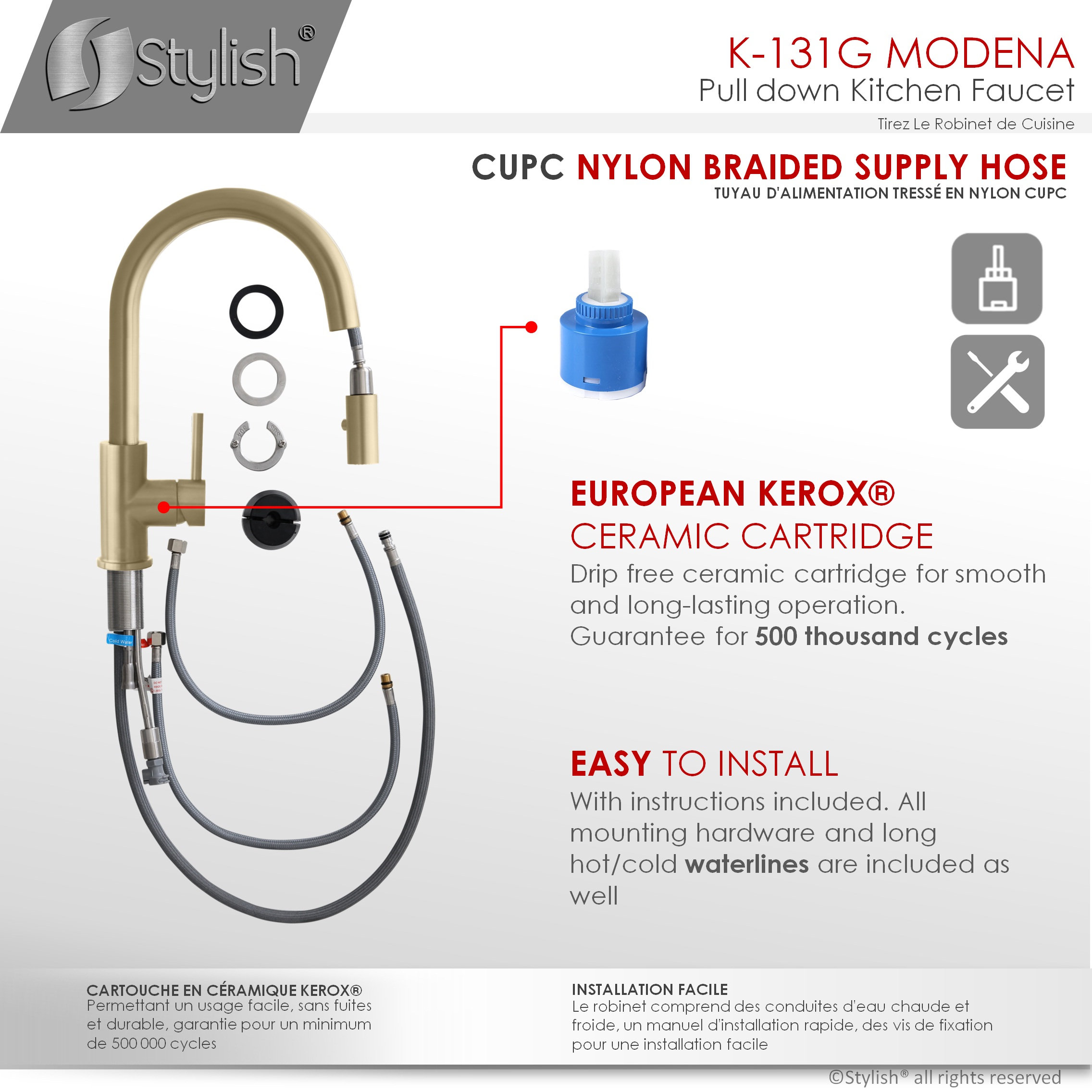 STYLISH Modern Single Handle  Pull down Sprayer  Kitchen Faucet in Gold Finish