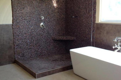Inspiration for a mid-sized timeless master pebble tile pebble tile floor corner shower remodel in Los Angeles with yellow walls