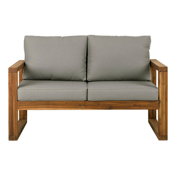 Open Side Patio Love Seat with Gray Cushions in Brown