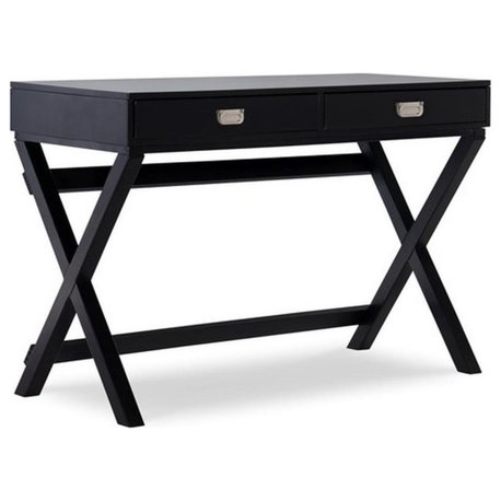 Linon Peggy Two Drawer Writing Desk with X Frame Legs in Black Painted Wood