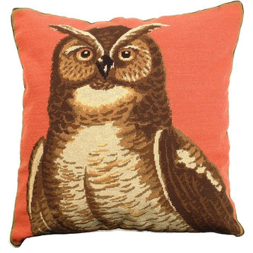 Throw Pillow Petit Point Great Horned Owl 18x18 Natural Cotton Velvet