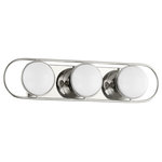 Mitzi - 3 Light Bath Sconce, Polished Nickel - Opal glass spheres are held gem-like within a Polished Nickel or Aged Brass setting, bringing a modern jewelry aesthetic to the bath or powder room. The two-, three-, and four-light options are displayed within an elegant metal racetrack frame and can be mounted vertically or horizontally making them perfect solo above a mirror or in pairs alongside it.