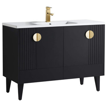Venezian Single Bathroom Vanity, Black, 48", Satin Brass Handles, One Sink