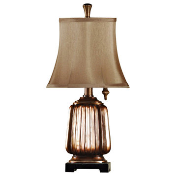 Mini Accent Table Lamp, Antique Copper, Brown Softback Fabric Shade
