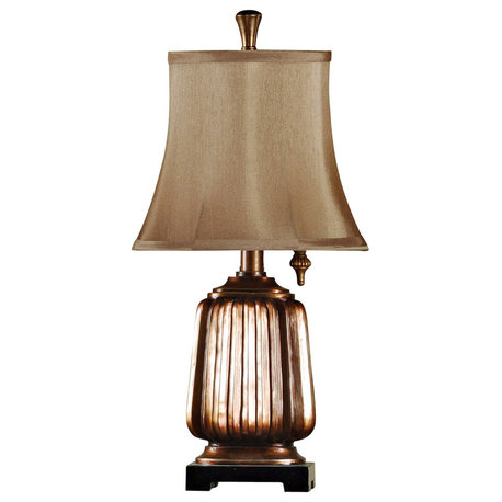 Mini Accent Table Lamp, Antique Copper, Brown Softback Fabric Shade