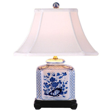 Blue and White Square Floral Porcelain Vase Table Lamp 19"