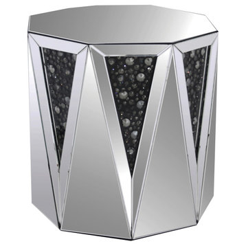 End Table With Octagonal Mirrored Top, Clear and Black