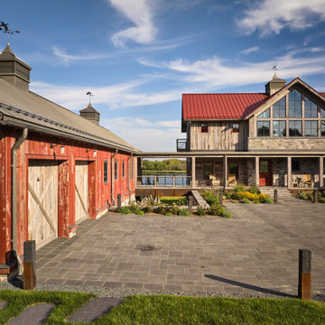 Weathered Gray and Antique Red Barnwood Paneling on Farmhouse and Garage