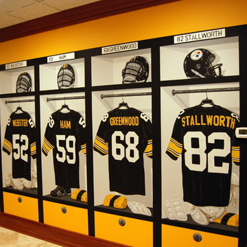 Pittsburgh Steelers 1970's Themed Locker Room Murals in a Home Gym/Game Room