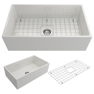 Contempo Farmhouse Kitchen Sink With Grid and Strainer, 33", White