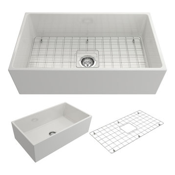 Contempo Farmhouse Kitchen Sink With Grid and Strainer, 33", White