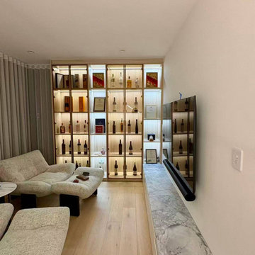 Formal Living Room Full Wall Wine Cabinet – Framed Glass Lit Display Wall & Marb