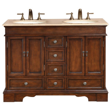 48 Inch Small Brown Double Sink Bathroom Vanity, Choice of Top, Travertine
