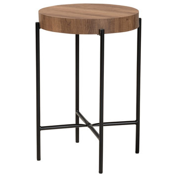 Modern Industrial Walnut Brown Finished Wood and Black Metal End Table