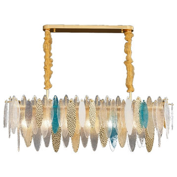 Smoky gray/Gold/Blue Frosted Glass Rectangle Crystal Chandelier, Blue, 37.4"