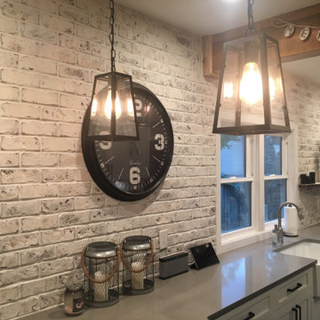 Kitchen Backsplash using whitewashed reclaimed thin brick veneer