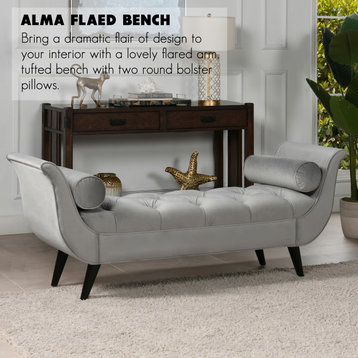 Alma Tufted Flared Arm Entryway Bench with Bolster Pillows, Opal Gray Velvet