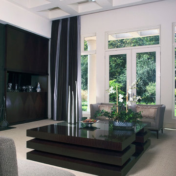 Coffer Drywall Ceiling and Black Built-In Cabinetry