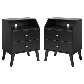 Home Square 2 Drawer Cubby Wood Nightstand Set in Black (Set of 2)