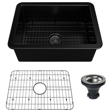 27in Undermount Single Bowl Fireclay Kitchen Sink with Grid and Drainer, Matte Black